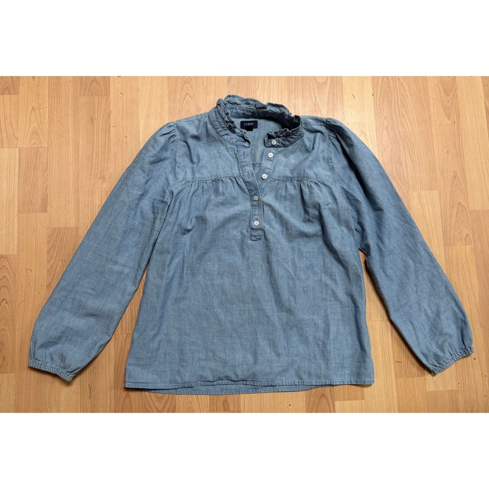 J. Crew Blue Chambray Ruffled Collar Peasant Top Size XS Western Boho